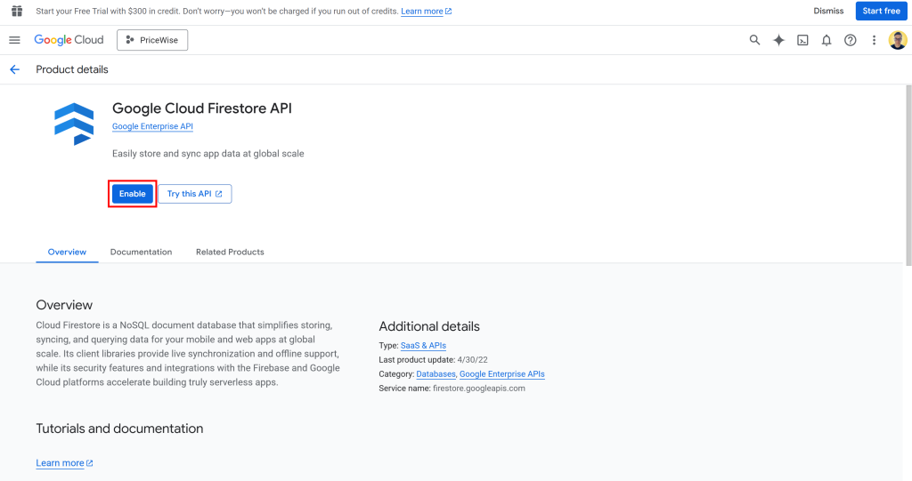 启用 Firestore 的 API 连接