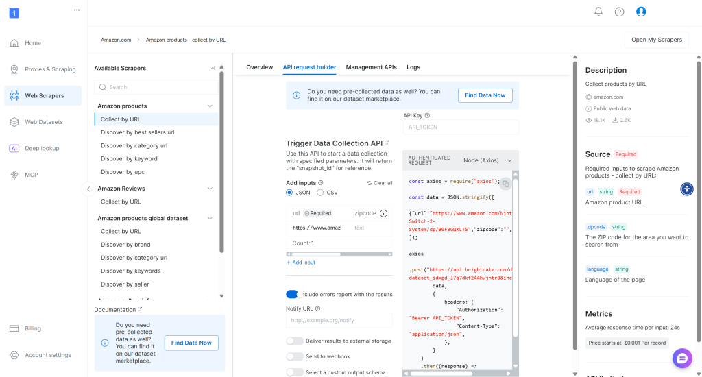 所需抓取器的 “API Request Builder” 区域