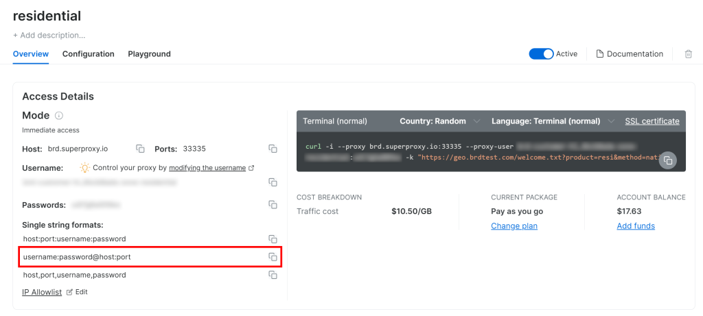 Bright Data 控制台中的住宅轮换代理配置