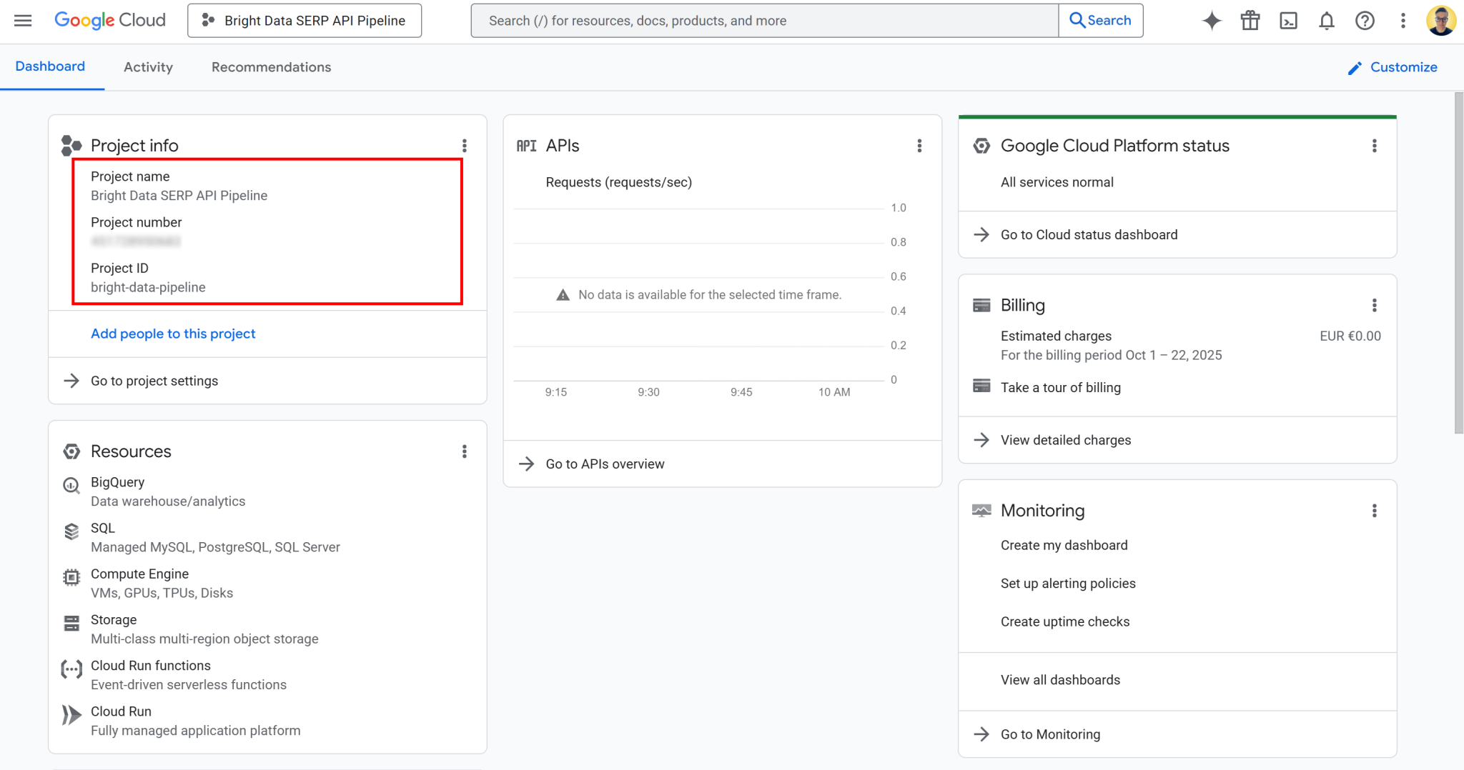 您的 Google Cloud 项目控制面板