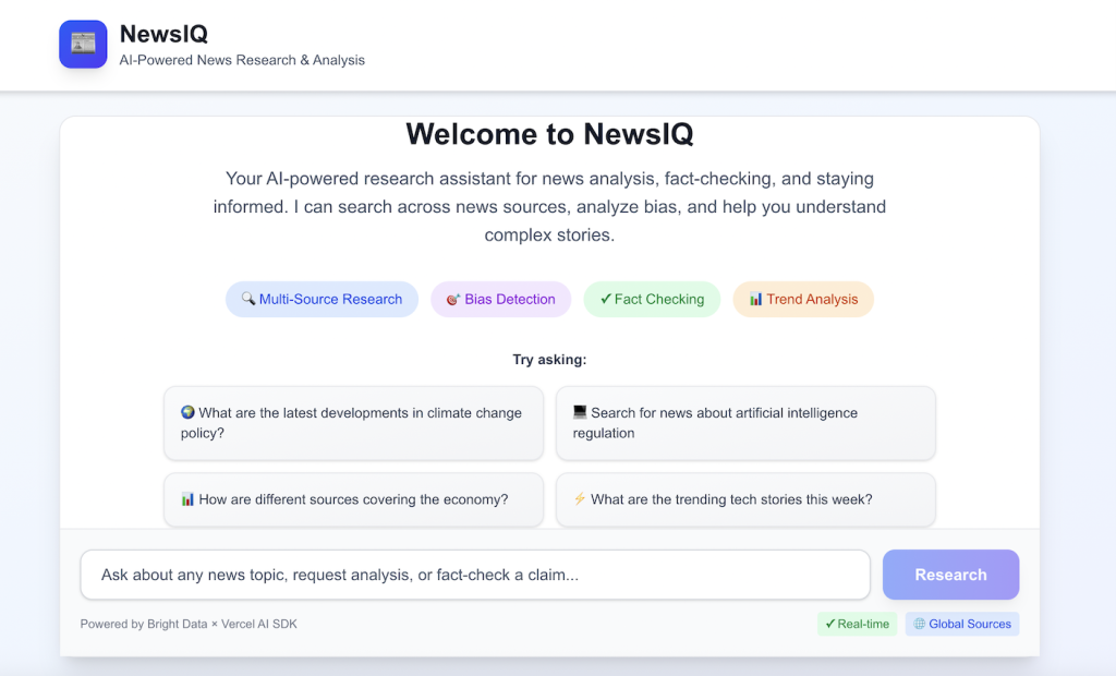 NewsIQ 欢迎界面及示例查询的截图