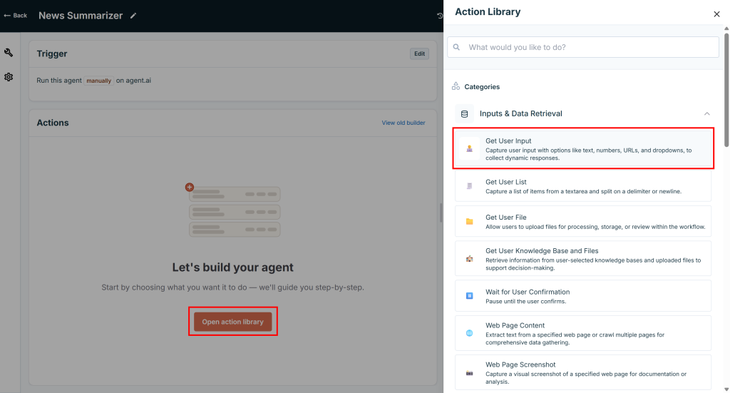 选择“Get User Input”动作