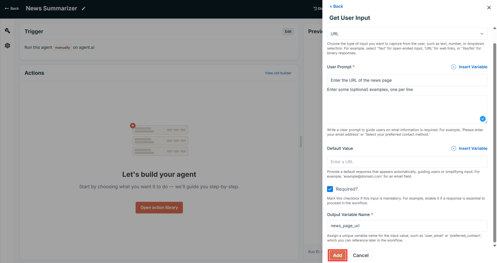 添加用于新闻 URL 的用户输入
