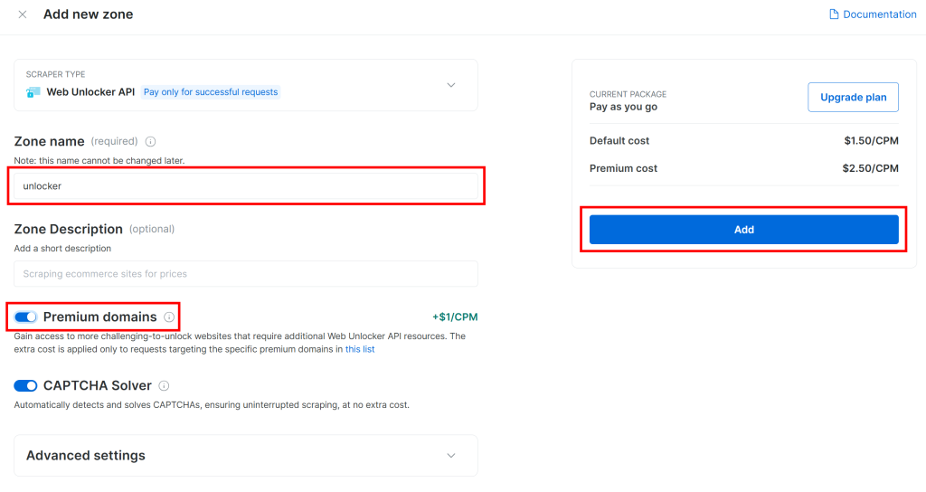 配置新的 Web Unlocker API 区域