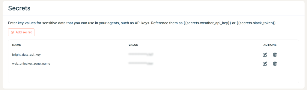 连接 Web Unlocker API 所需的两个 Secrets