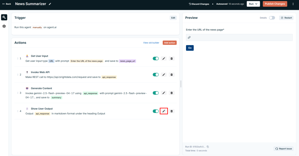 编辑“Show User Output”动作