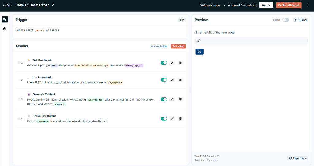 Agent.ai 的 Agent Builder 中的新闻摘要代理