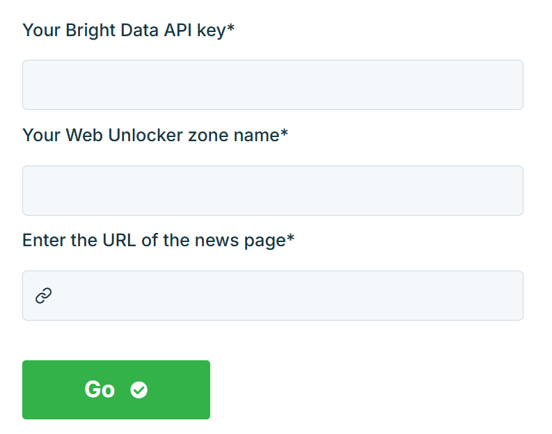 注意用于 Bright Data API 密钥和 Web Unlocker 区域名称的输入字段