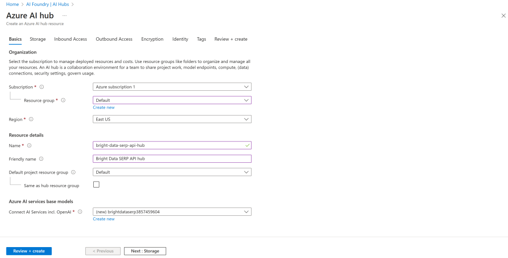 填写 Azure AI Hub 创建表单