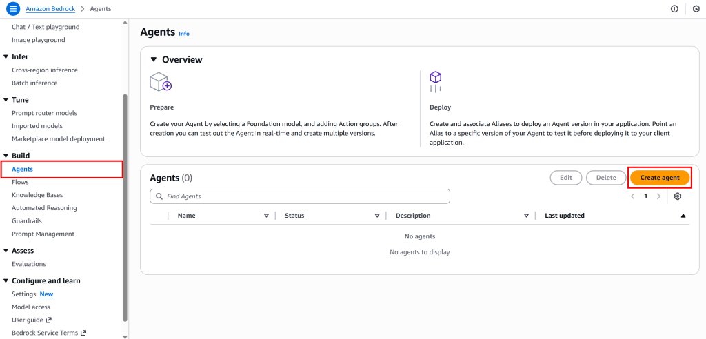 点击“Create agent”按钮