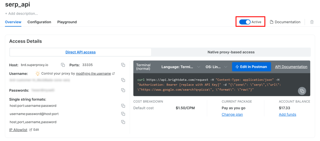激活 SERP API 区域