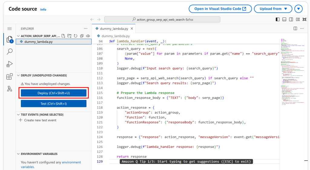 点击“Deploy”按钮更新 Lambda 代码