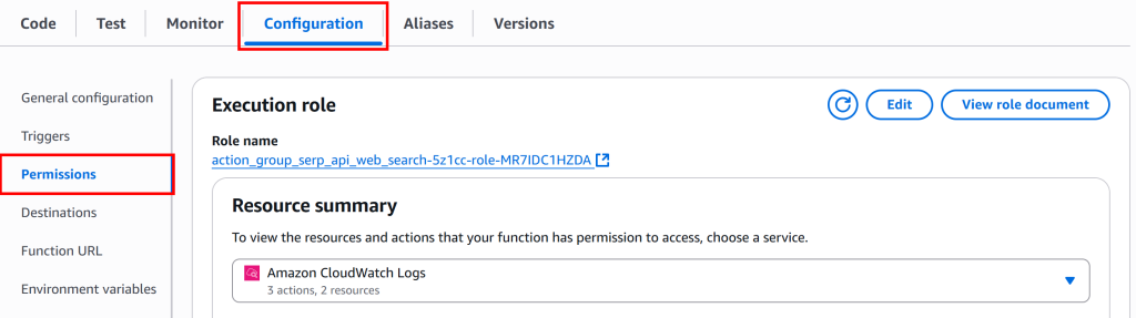 进入 AWS Lambda 的“Permissions”页面