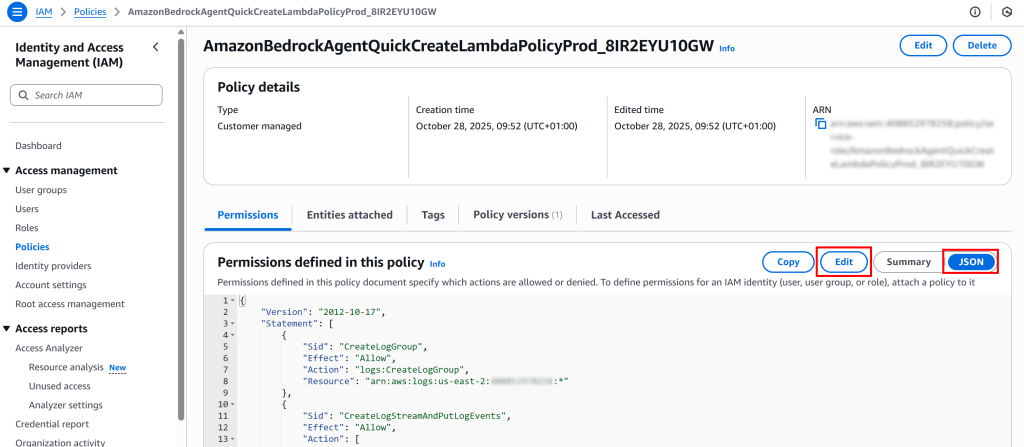 进入权限策略的 JSON 视图
