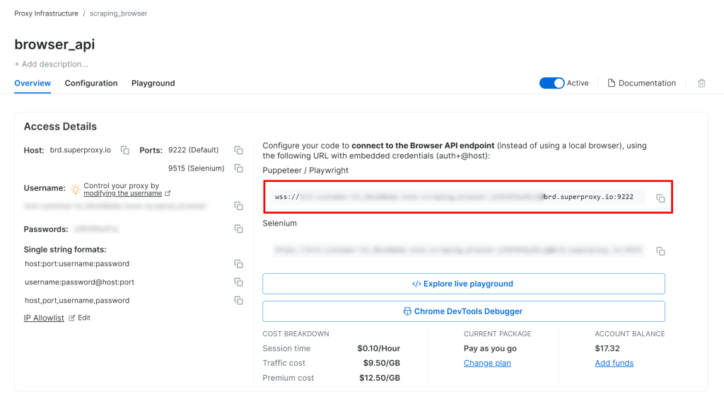 您的 Bright Data 账户中的 Browser API 产品页面