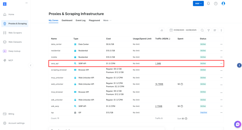 请注意“我的区域”表格中的 serp_api 区域