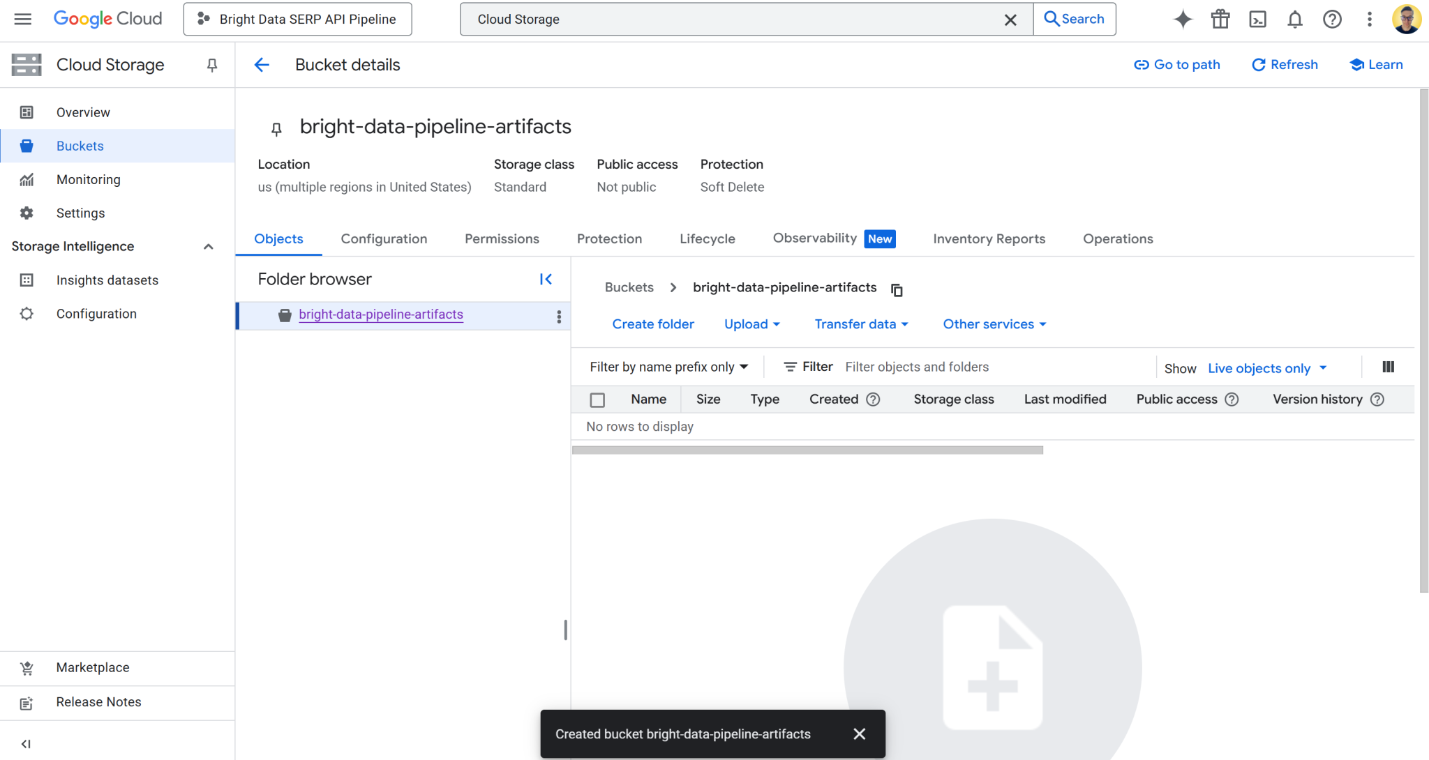您的 Google Cloud 存储桶页面