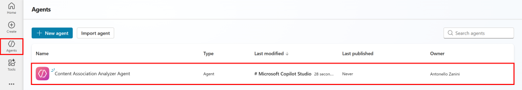 留意查看新创建的代理:“内容关联分析代理”