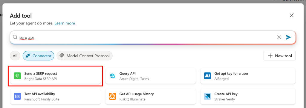 选择“发送 SERP 请求”连接器