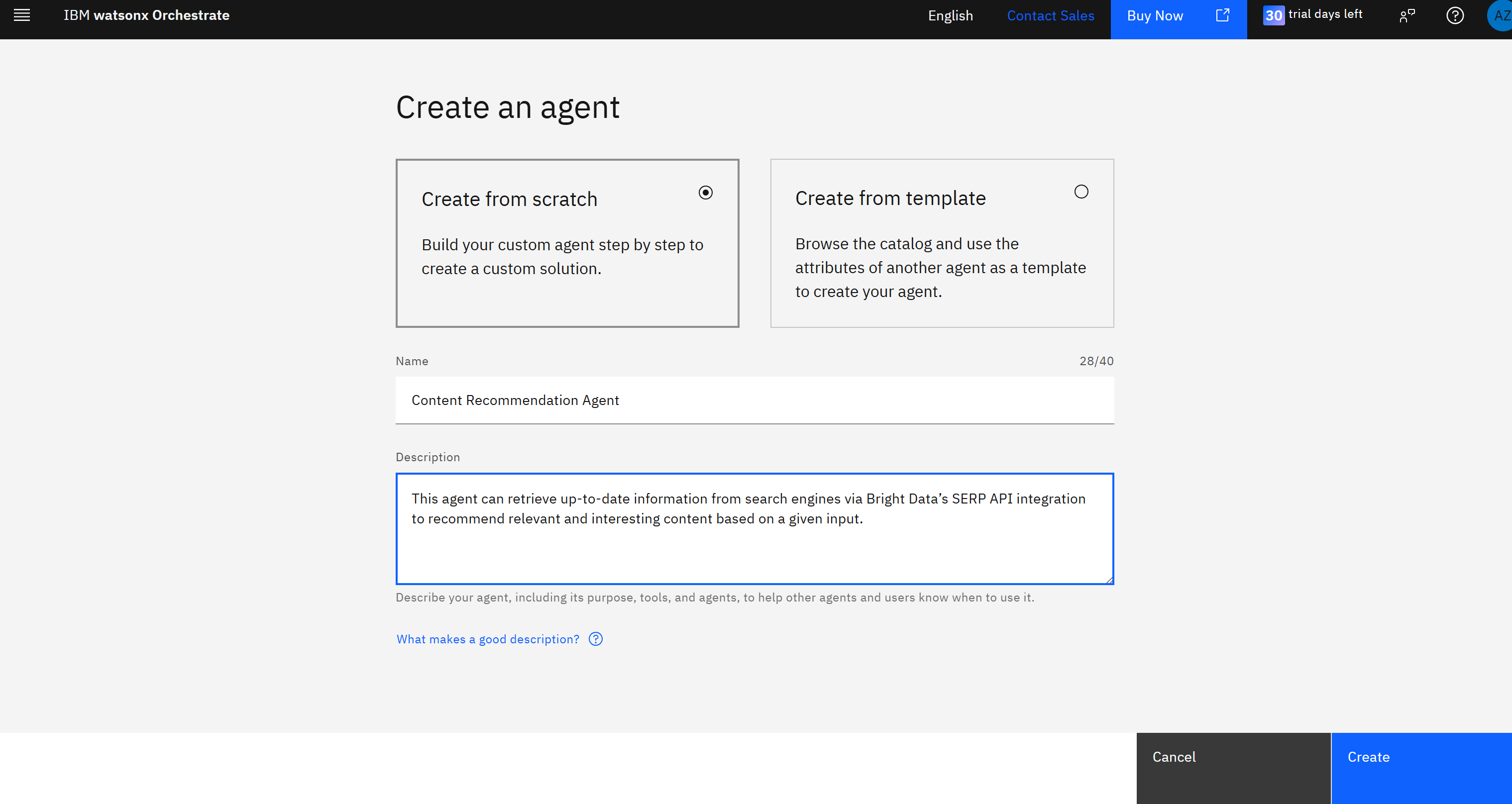 填写 “Create an agent” 表单