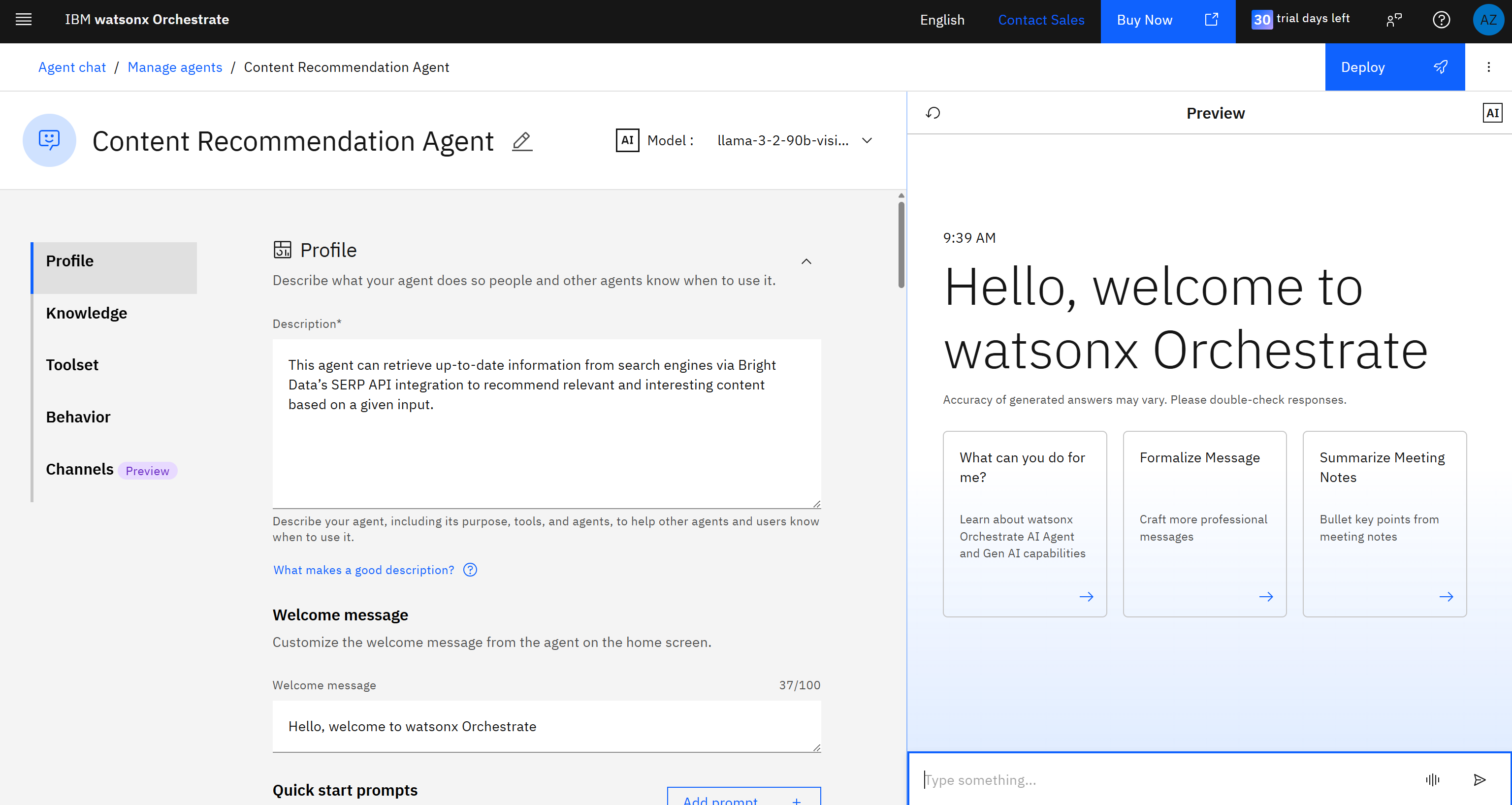 “Content Recommendation Agent” 页面