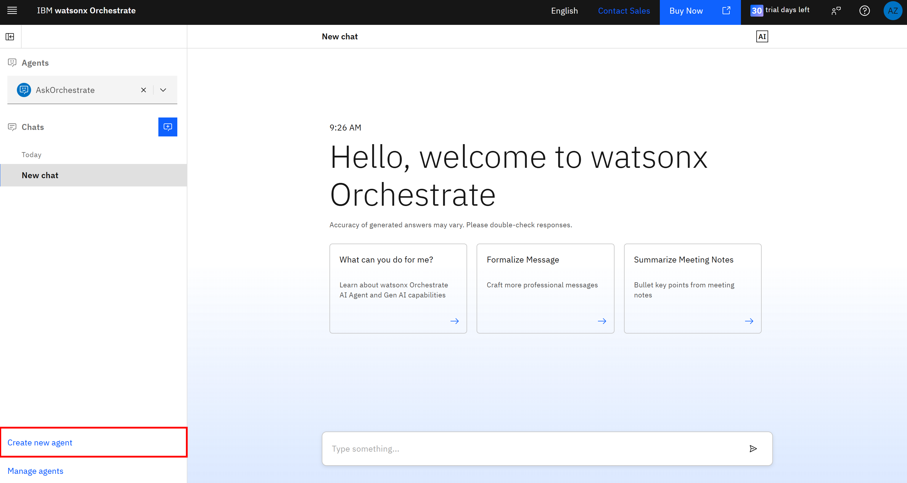在 IBM watsonx Orchestrate 中点击 “Create new agent” 按钮