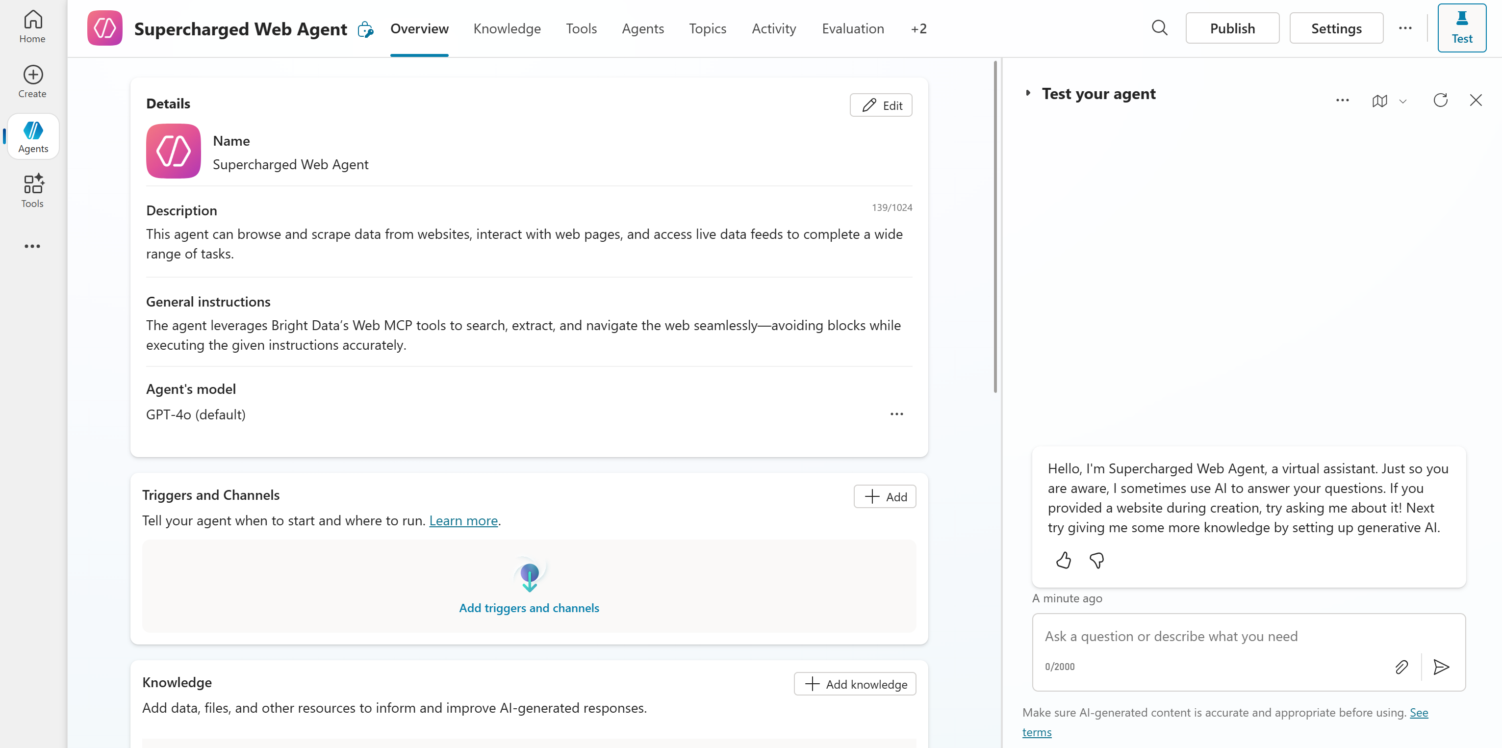 Copilot Studio 中 “Supercharged Web Agent” 的代理管理页面