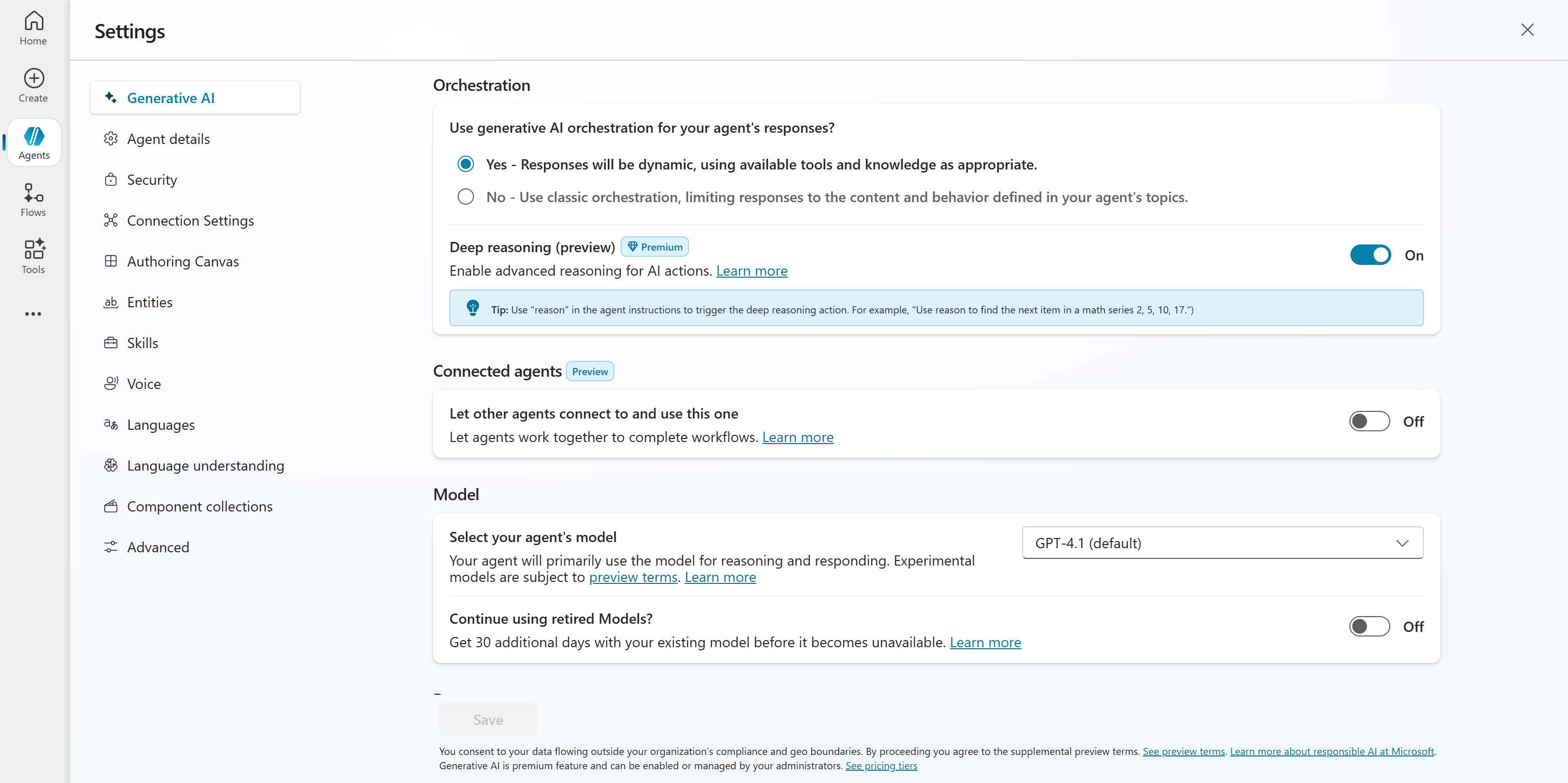 用于自定义 AI 代理的 “Settings” 页面