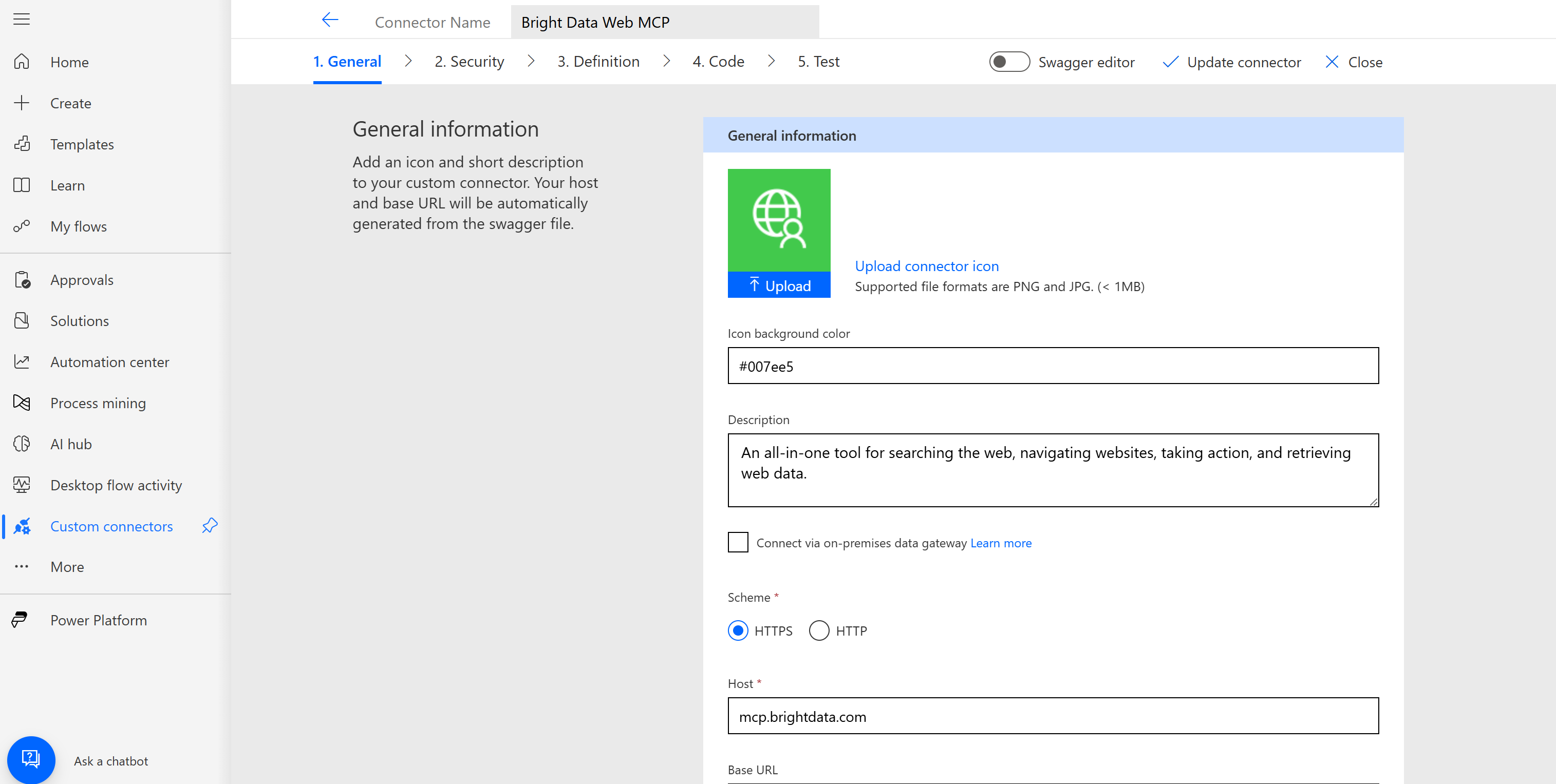 Microsoft Power Apps 中的 “Bright Data Web MCP” 连接器编辑页面