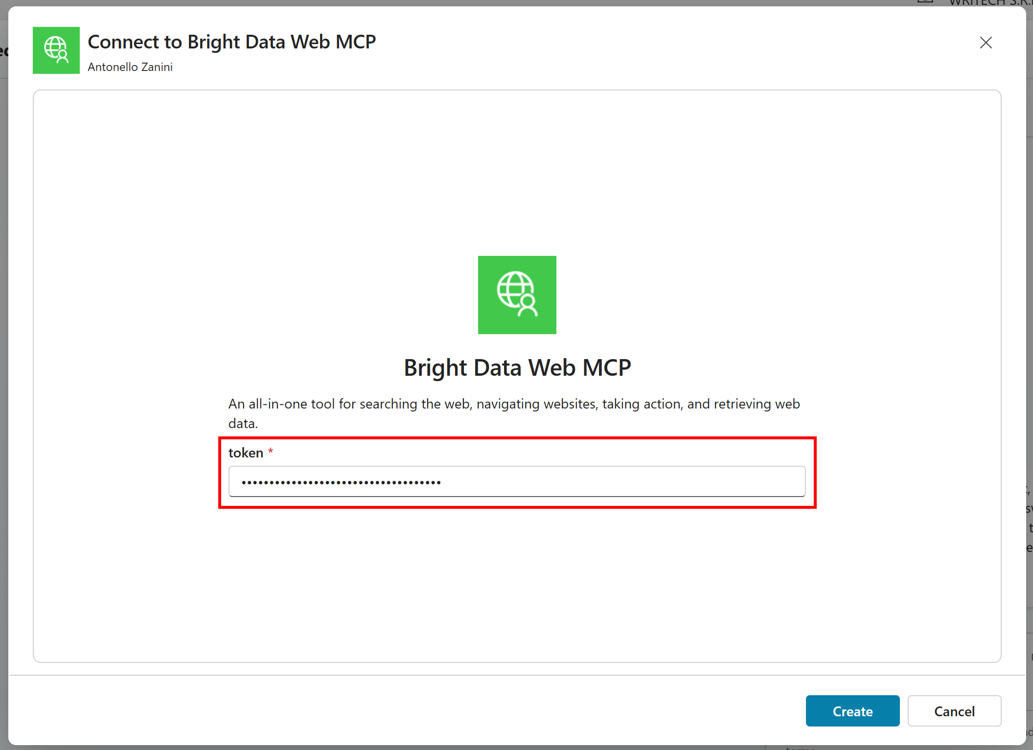 粘贴 Bright Data API 密钥用于认证
