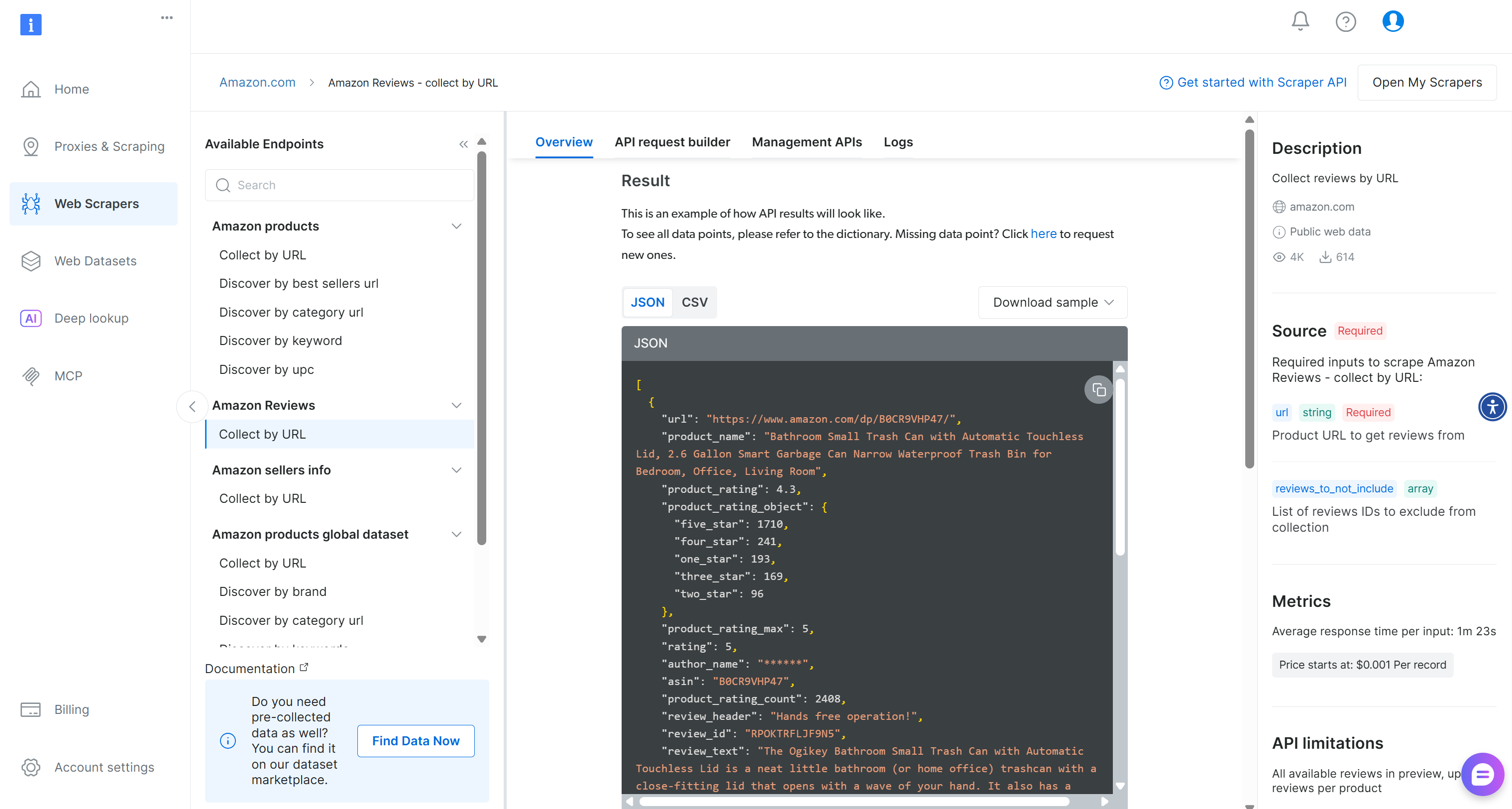 The “Amazon Reviews – collect by URL” page