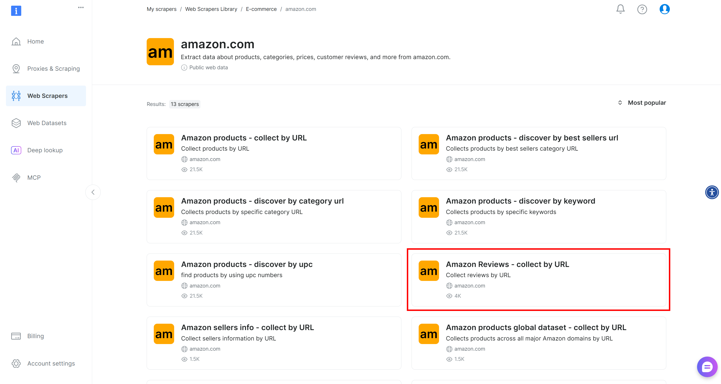 Select the “Amazon Reviews – collect by URL” scraper