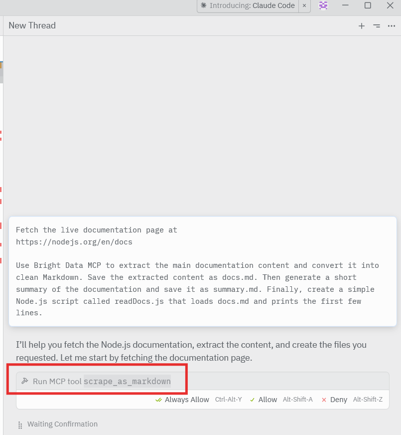 Zed AI Agent 使用 Bright Data MCP 请求实时文档数据的对话示例