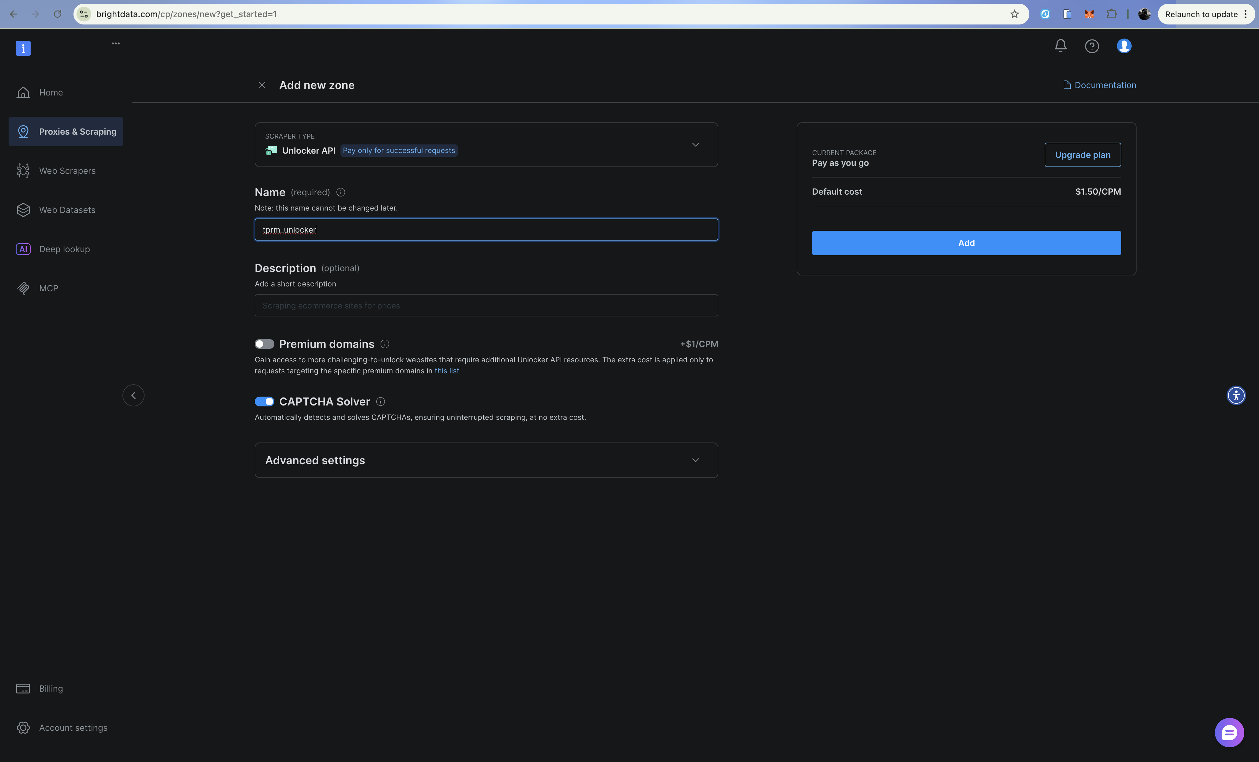 Bright Data 仪表盘 Web Unlocker API