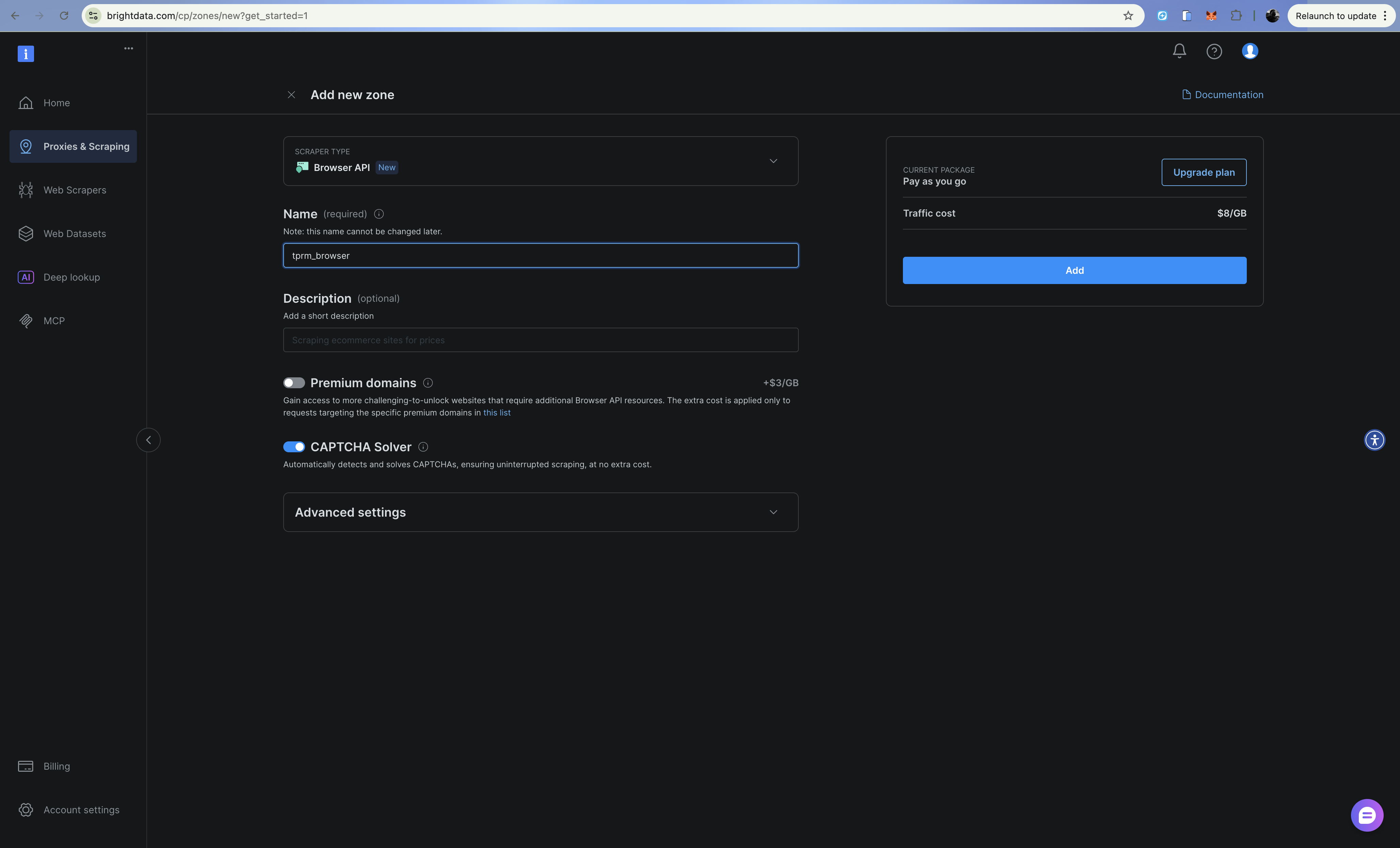 Bright Data 仪表盘 Browser API