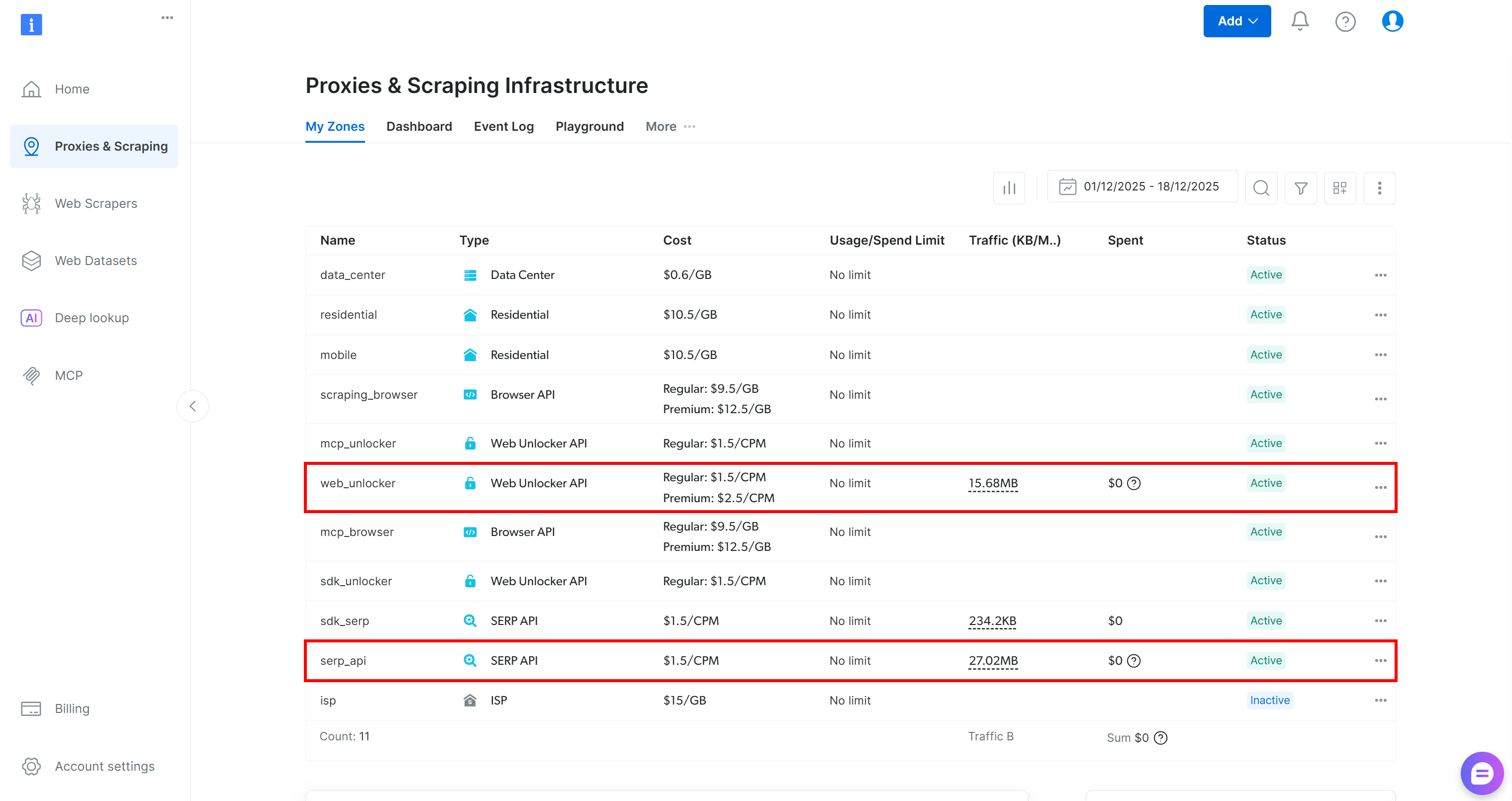 注意“web_unlocker” Web Unlocker API 区域和“serp_api” SERP API 区域