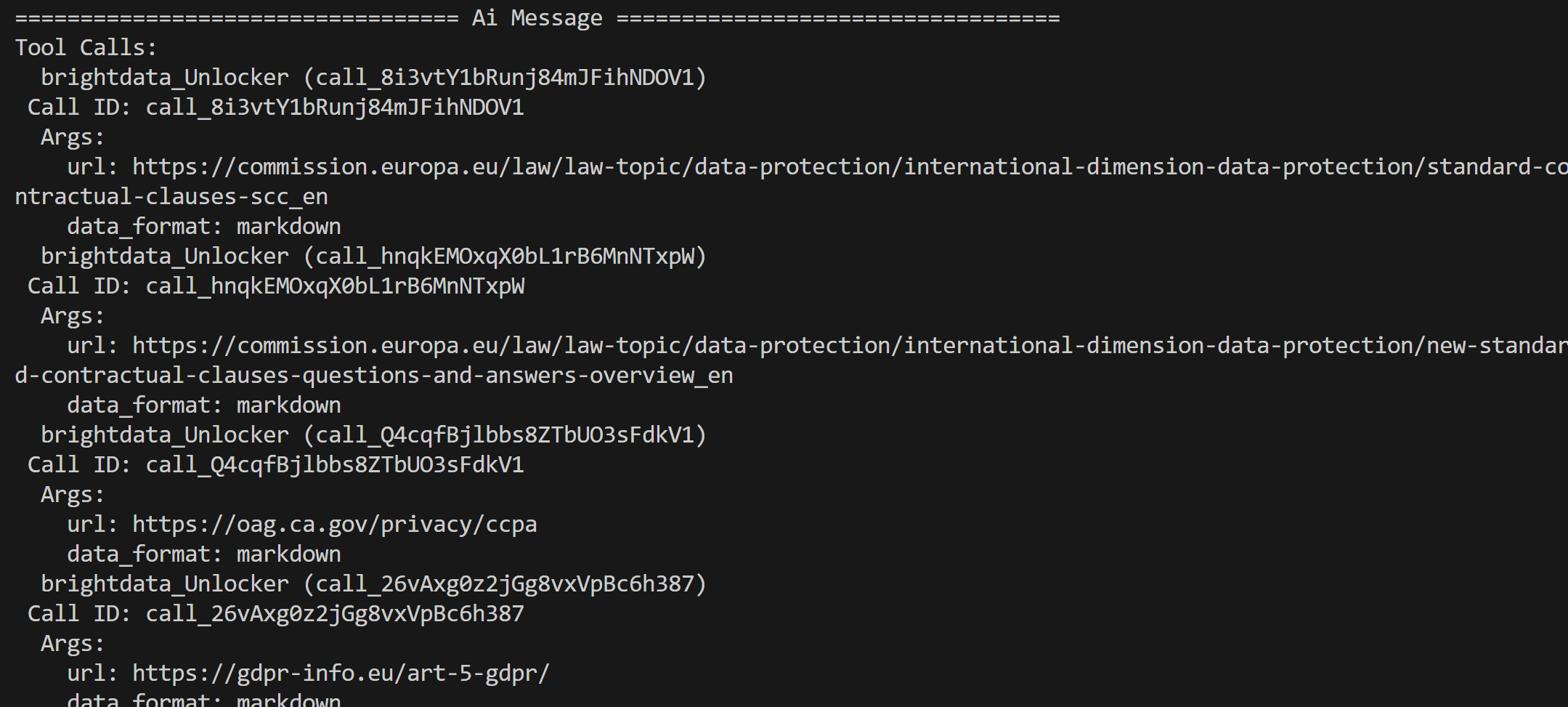 The traces for the Bright Data Web Unlocker API tool calls
