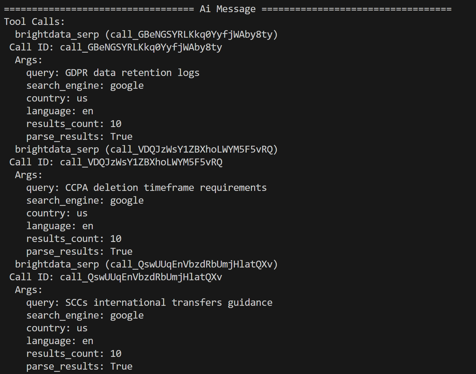 The traces for the Bright Data SERP API tool calls