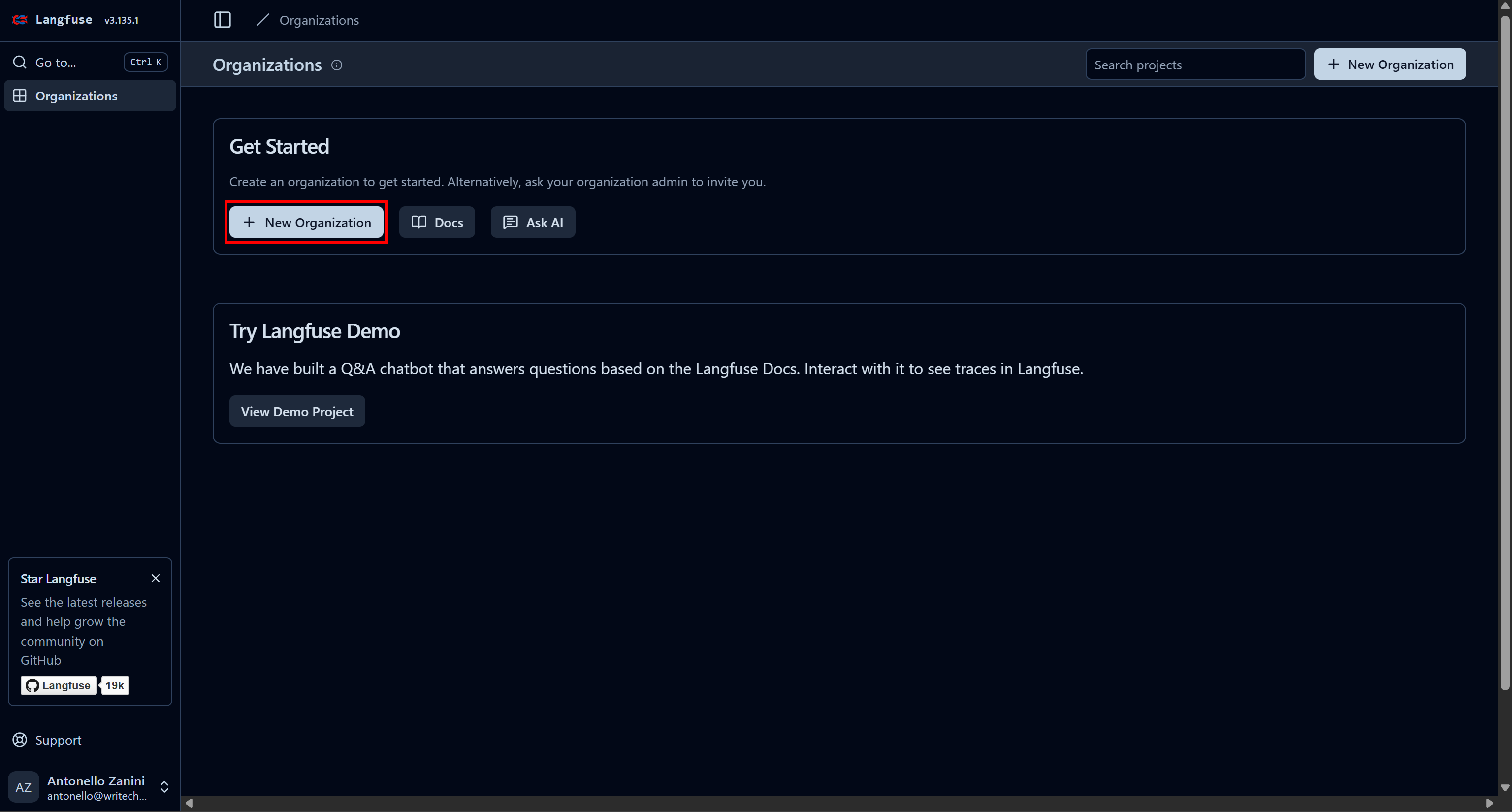 Pressing the “New Organization” button in the “Organizations” page