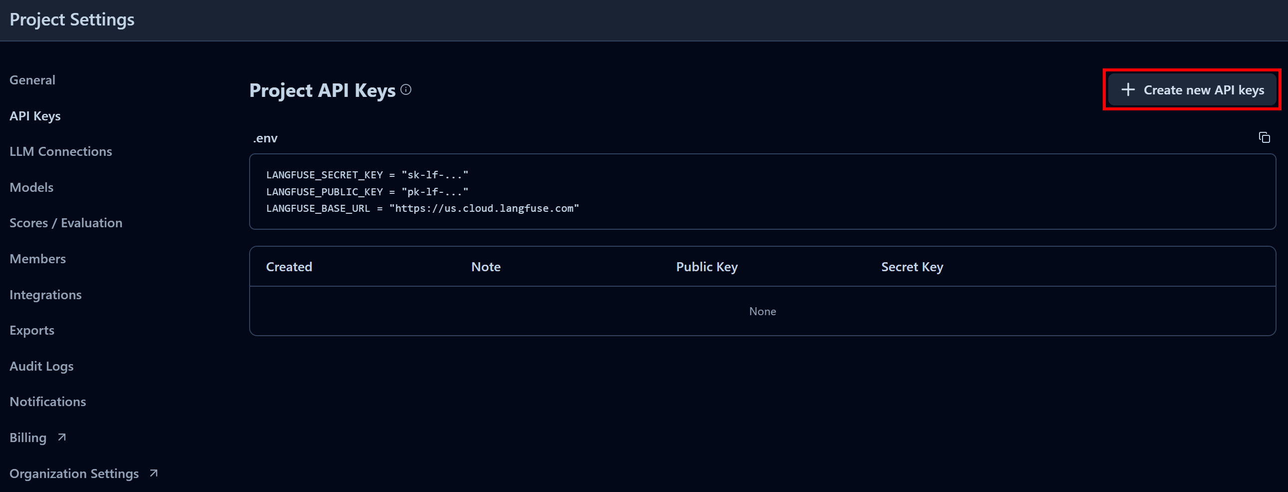 Pressing the “Create new API keys” button