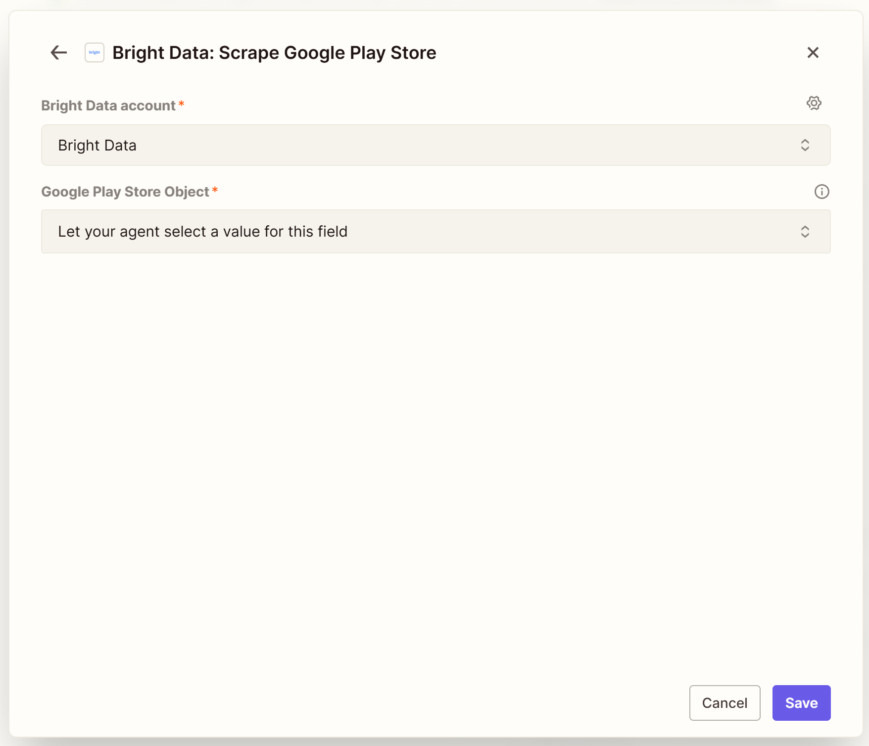 配置“Bright Data: Scrape Google Play Store”工具