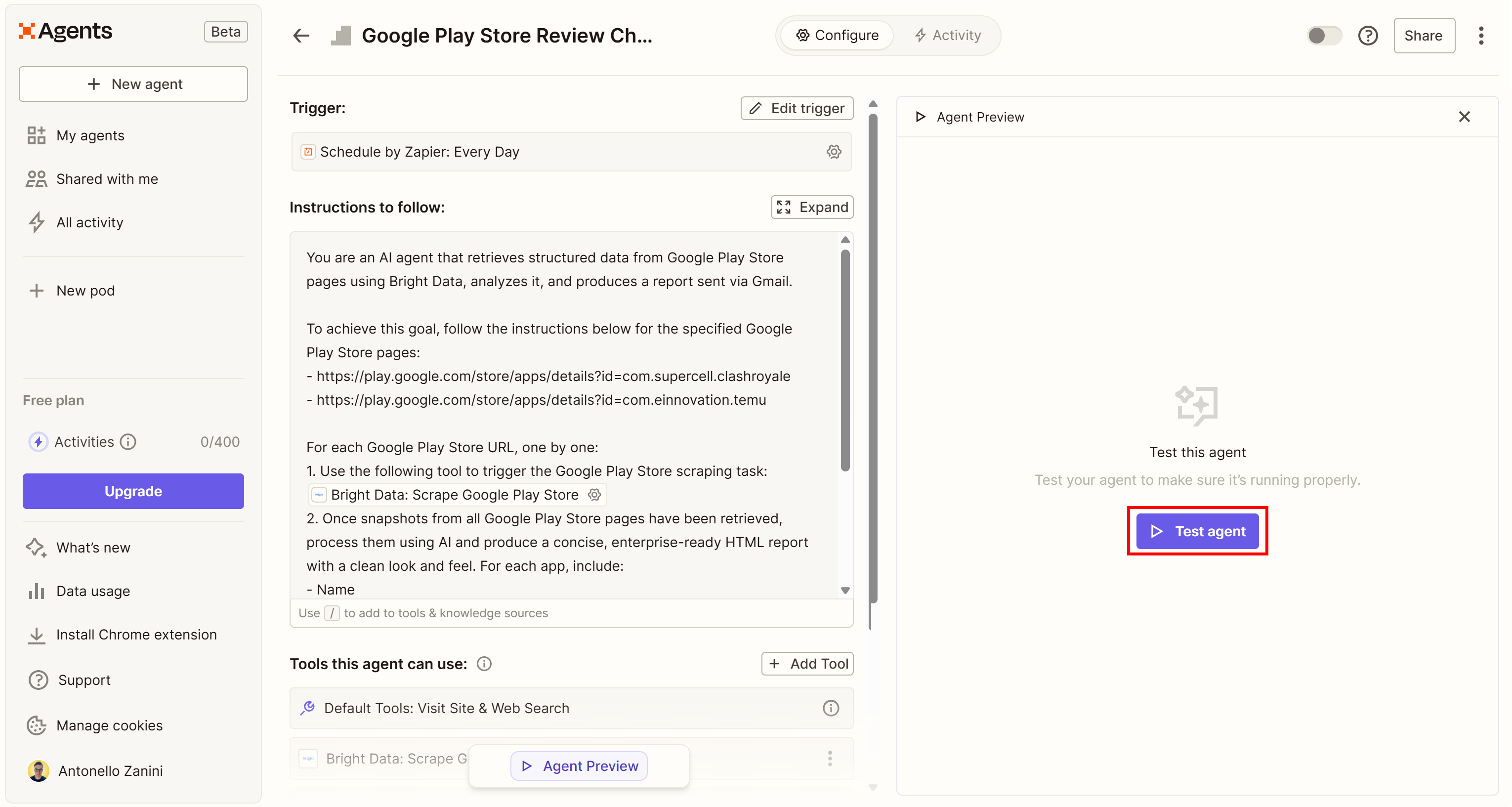 点击“Test agent”按钮
