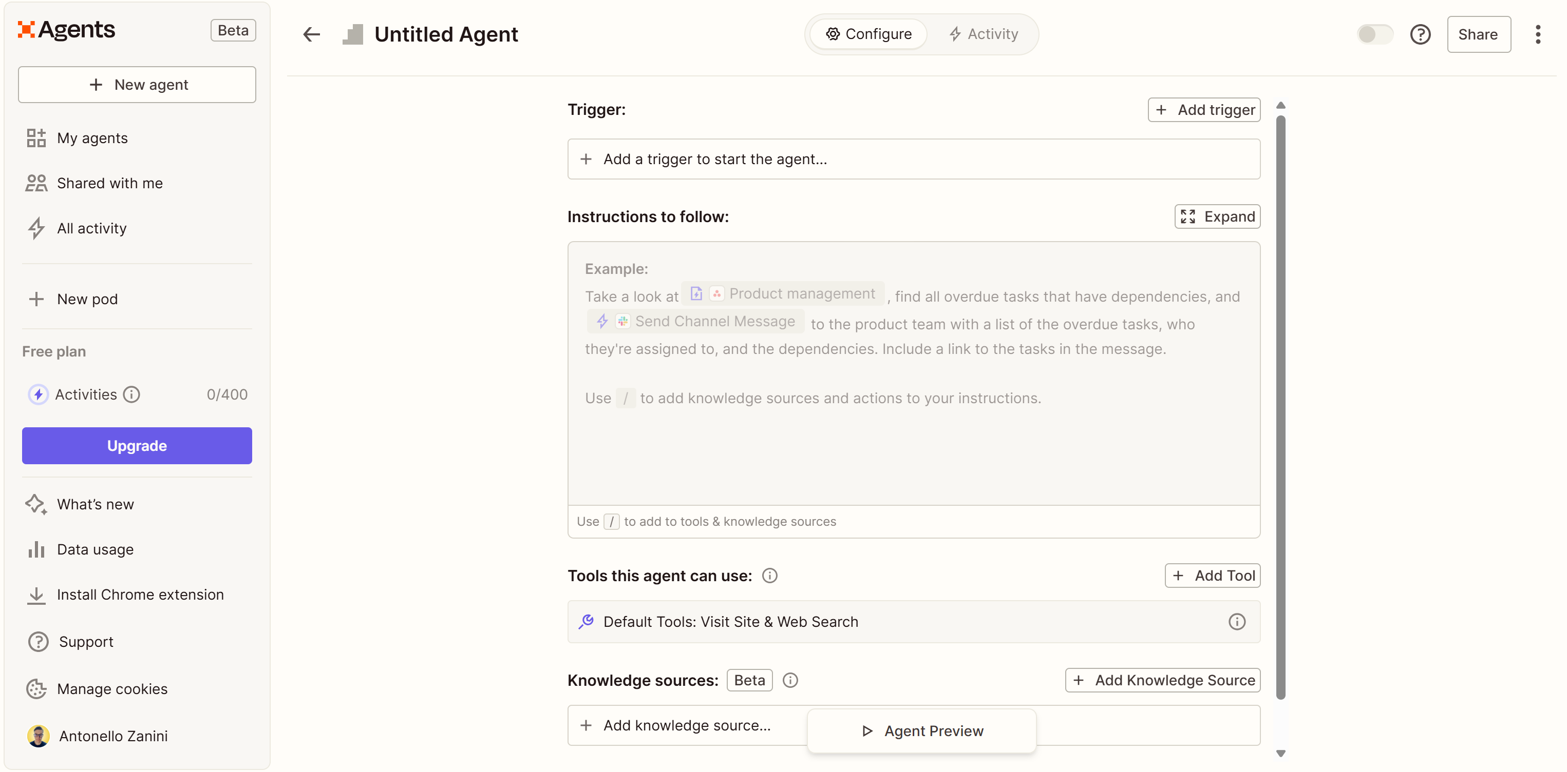 “Untitled Agent”的 Zapier Agents 配置页面