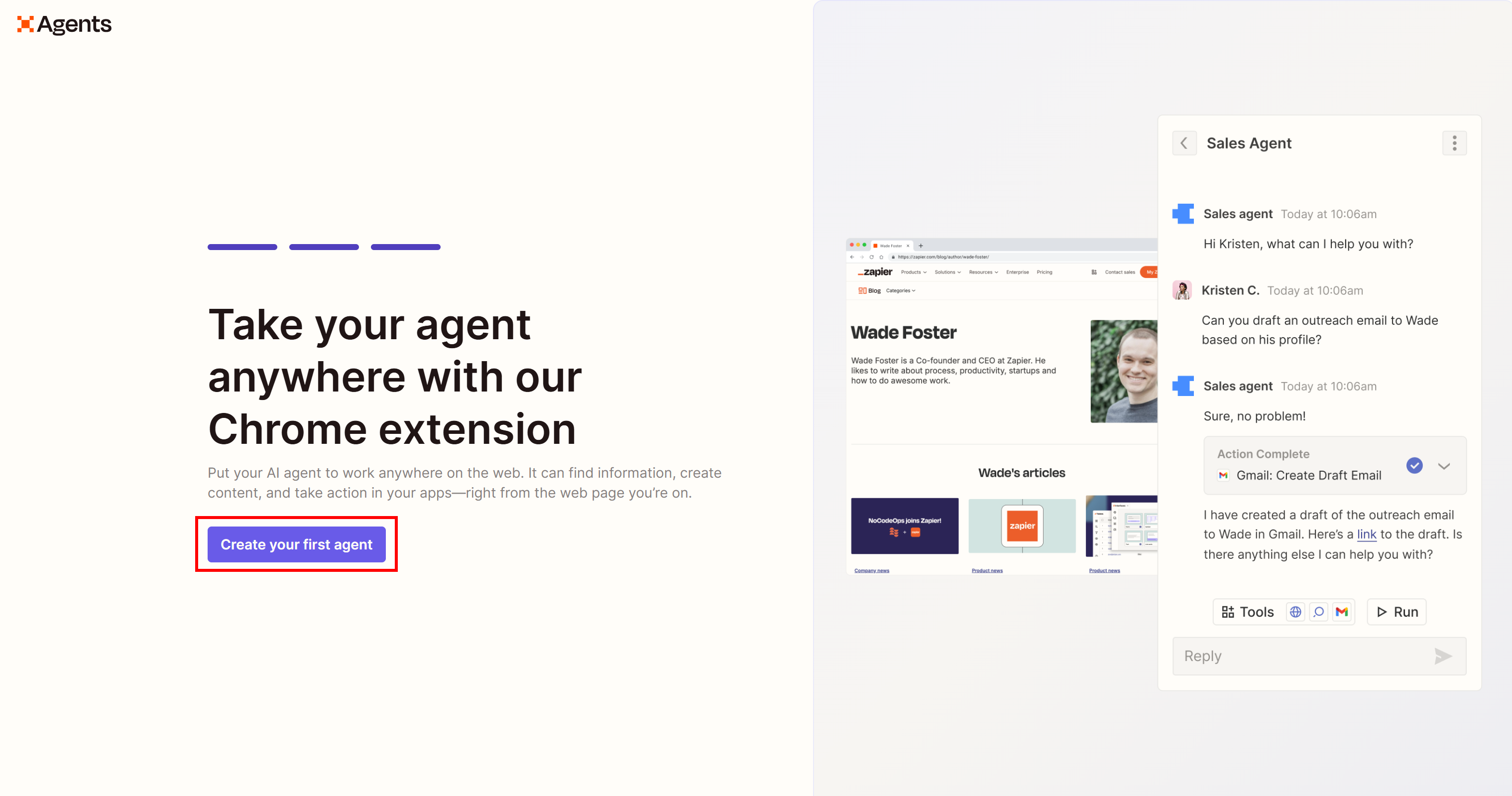 点击“Create your first agent”按钮