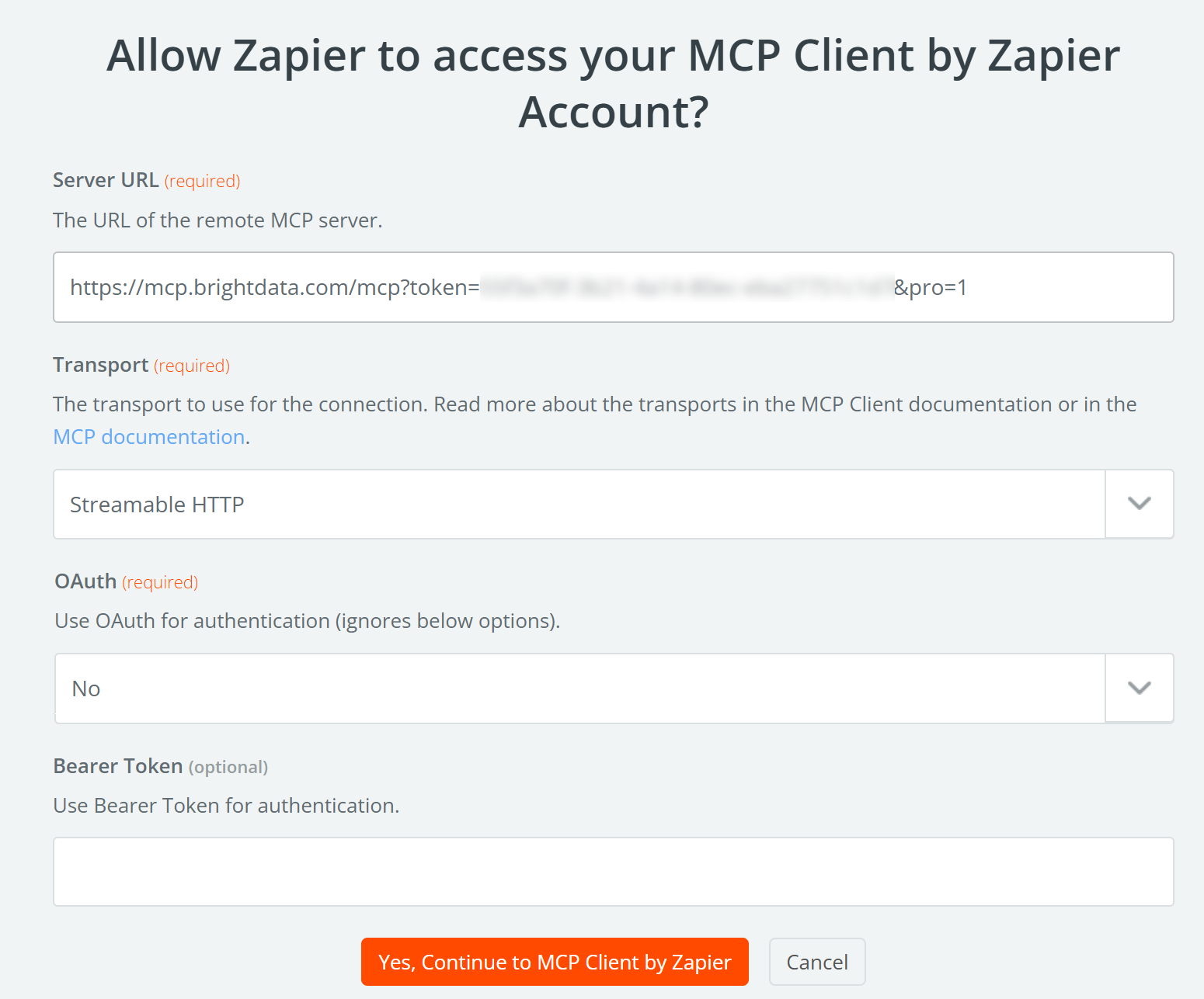 在 Zapier MCP Client 中配置 Bright Data Web MCP 连接