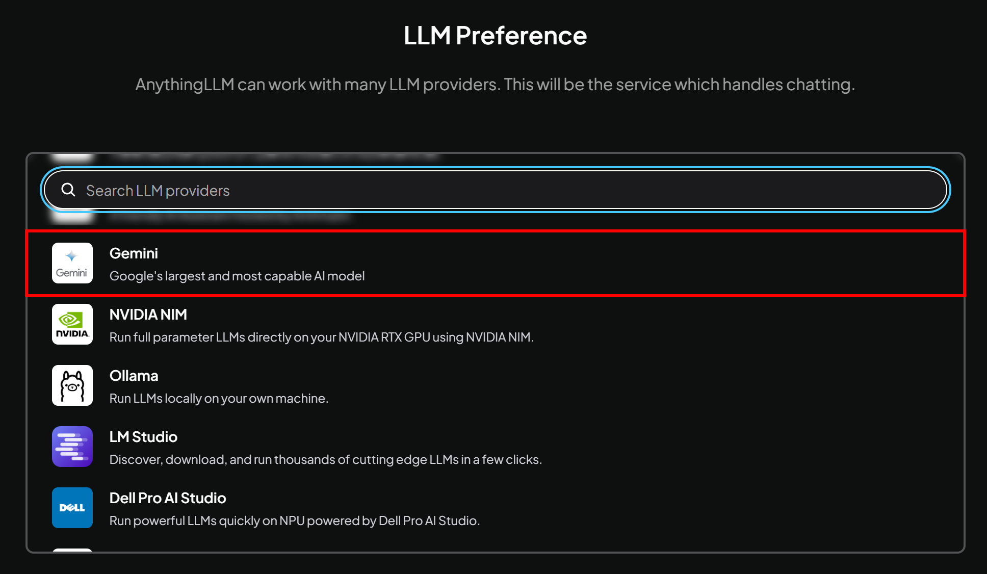 在 AnythingLLM 中选择 Gemini 作为 LLM 提供商