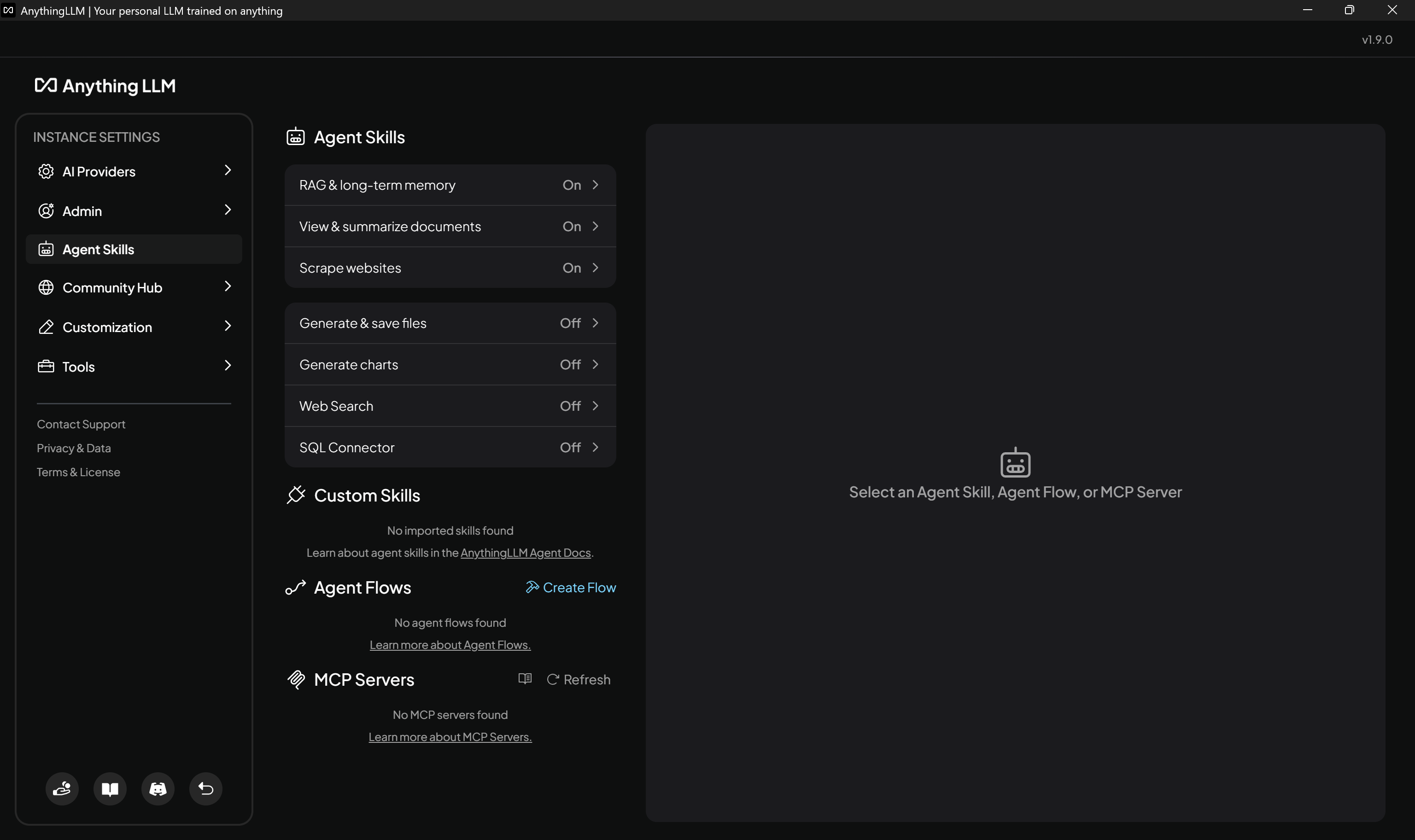 AnythingLLM UI 中的 Agent Skills 页面