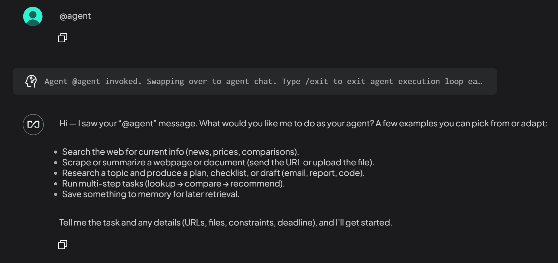在 AnythingLLM 聊天窗口中启动 AI agent 会话