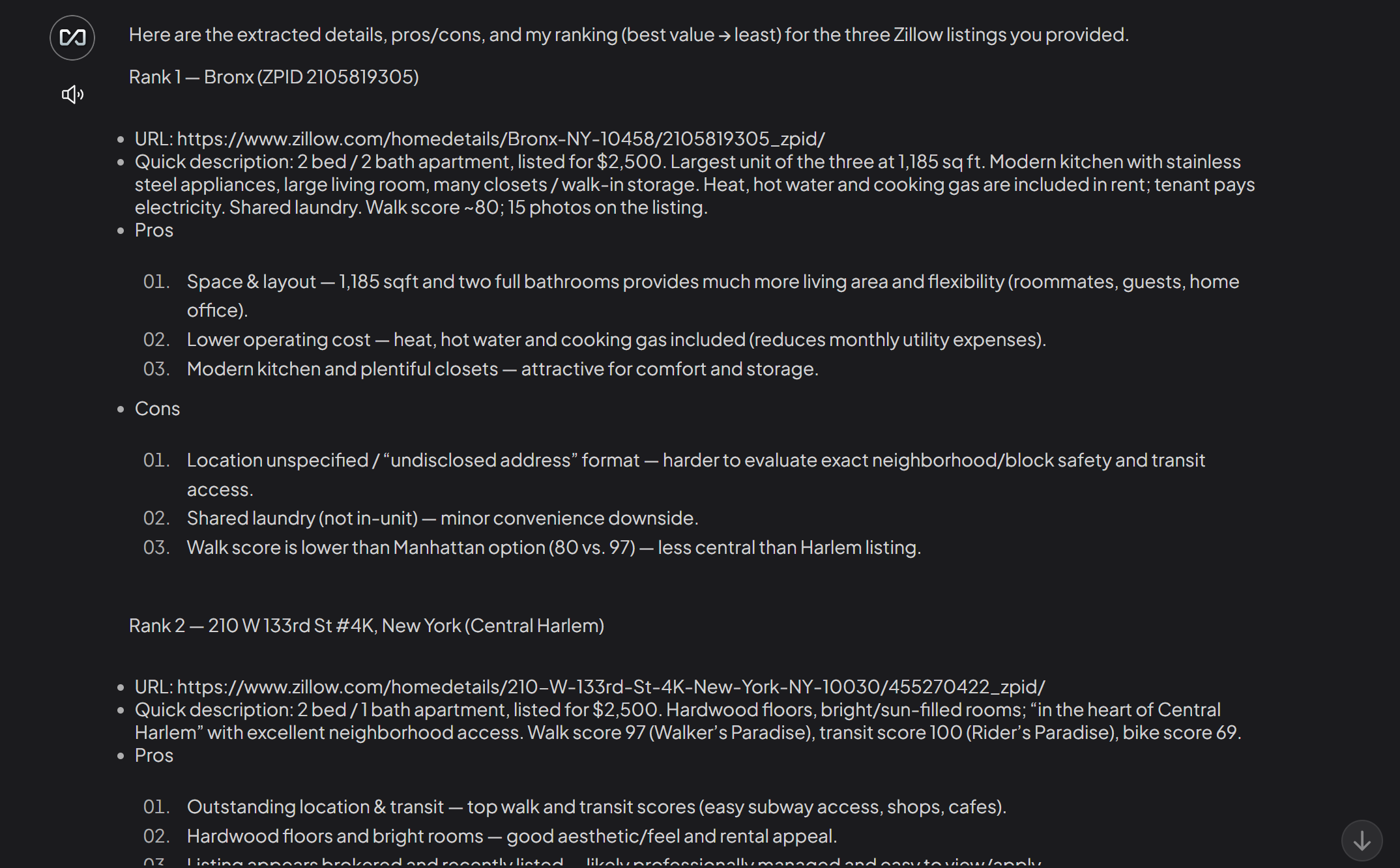 AI agent 给出的房源排序与分析结果