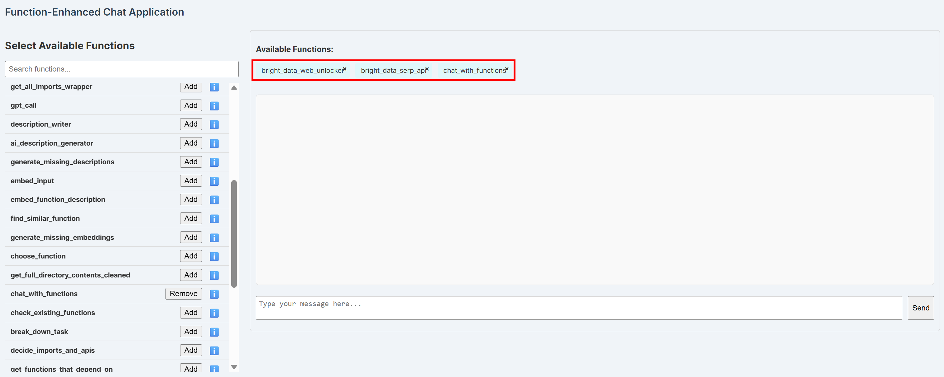 选择 “bright_data_serp_api”、“bright_data_web_unlocker” 和 “chat_with_functions” 函数